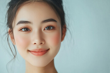 Fototapeta premium Positive woman smiling and showing skin care on solid background