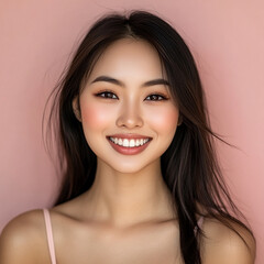 Naklejka premium Positive woman smiling and showing skin care on solid background