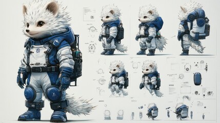 A cute, anthropomorphic character resembling a fox in a space suit with various design sketches.