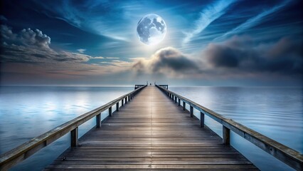 Obraz premium A wooden pier stretching into the misty horizon under a cloudy moonlit sky, pier, scenic, horizon, scenic, misty, silhouettes, moon, ocean, nature, night, tranquil,wooden, stillness