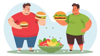 Image featuring two men holding burgers, choice represented by a bowl of fruits