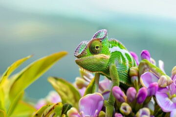 Obraz premium A green chameleon is sitting on a purple flower