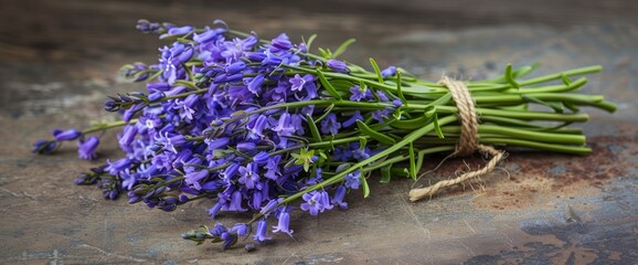 Obraz premium Bouquet of Bluebells on Rustic Wooden Background