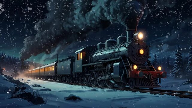 locomotive, steam train that passes during a snowy winter night. Seamless looping 4k video animation