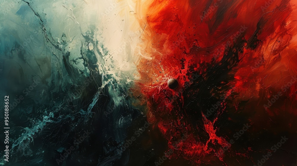 Poster abstract color explosion with vivid reds and blues creating dynamic movement and depth