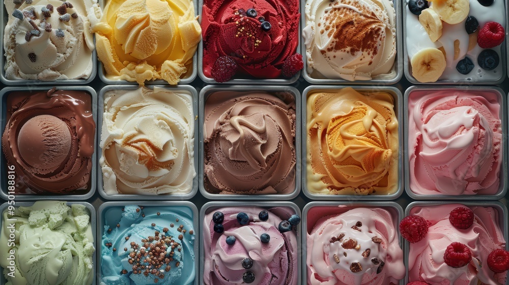 Poster overhead view of an assortment of ice cream flavors arranged in a colorful display