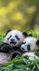 Two Baby Pandas Playing on Grass