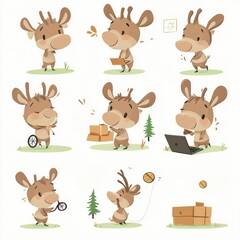 Cute cartoon character engaging in various playful activities.
