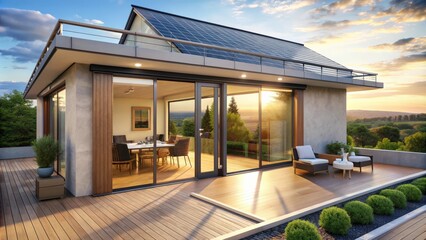 Rooftop patio with sliding doors and modern house featuring solar panels , rooftop, patio, sliding doors