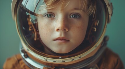 A child dreams of space exploration while wearing a homemade astronaut helmet at home