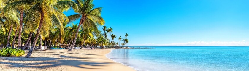 Fototapeta premium Palm trees casting long shadows on a pristine tropical beach at golden hour