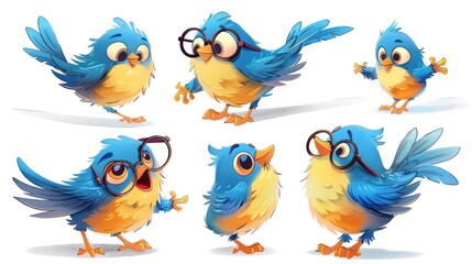 Obraz premium A collection of cute, cartoonish blue birds with various expressions and glasses.