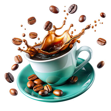 A porcelain cup of coffee, filled to the brim, is flying through the air, leaving behind a trail of coffee splashes and roasted beans