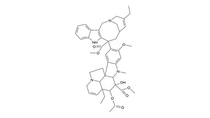 vinorelbine molecule, structural chemical formula, ball-and-stick model, isolated image antineoplastic agents