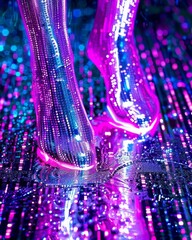 A pair of purple and blue high heels with a shiny, reflective surface. The shoes are on a shiny, reflective surface, and the image has a futuristic, neon, and colorful vibe