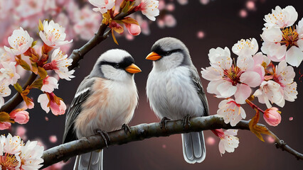 Two birds perched on a branch cherry blossoms.