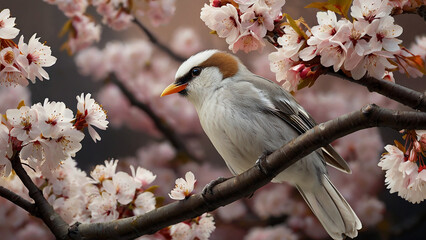 A birds perched on a branch cherry blossoms.