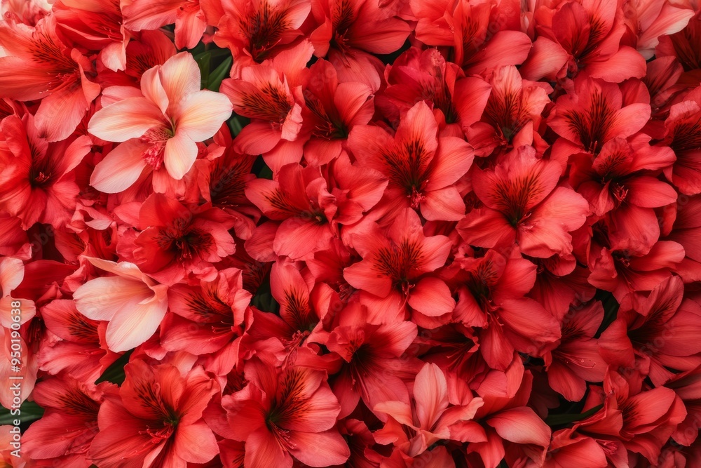Poster Aerial View of Red Alstroemerias in a Geometric Symmetrical Pattern with Bright Diffused Lighting, Focusing on Intricate Flower Designs