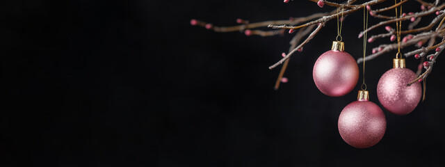 Fototapeta premium Merry Christmas, festive celebration holiday holidays greeting card banner panorama wide - Hanging pink ornaments ( christmas baubles ) on tree branch isolated on black night sky background texture