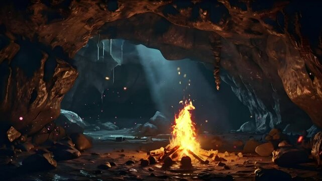 A bonfire was burning inside the dark stone cave. Seamless 4K looping timelapse video animation background