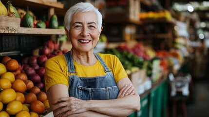 Obraz premium Senior Woman Smiling in Produce Market Local Farmer Fresh Fruit Small Business Owner