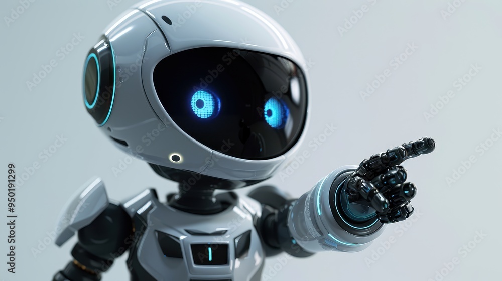 Poster friendly 3d robot character pointing with blue glowing eyes in a modern digital setting