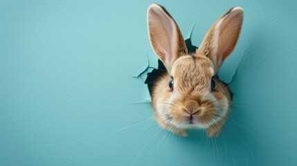 Obraz premium A cute easter bunny peeks out from a hole in a bright blue wall for a festive spring celebration