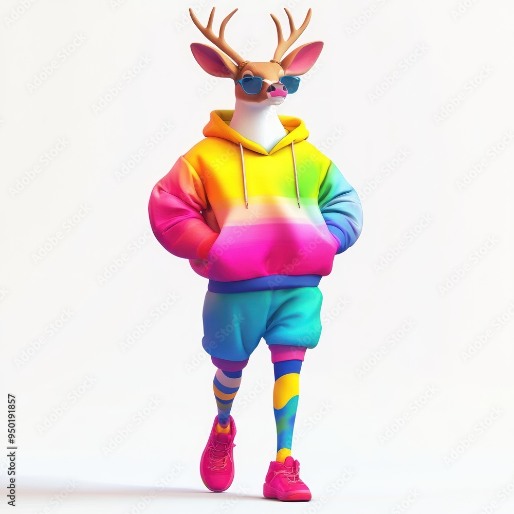 Sticker A colorful anthropomorphic deer character in trendy attire, showcasing a vibrant street style.