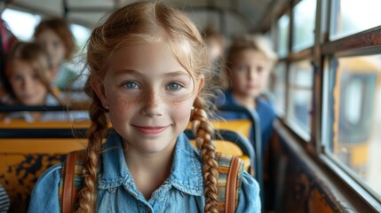 School children ride a bus together, excited for a new year of learning and friendship