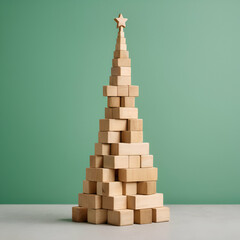 A Christmas tree built out of wooden blocks 