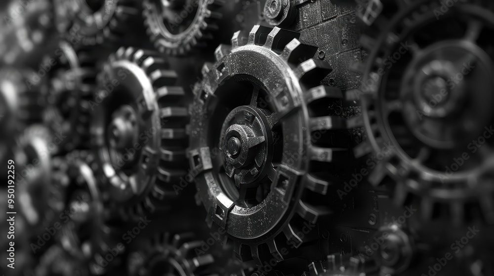 Poster intricate interlocking gears showcase teamwork and industry in a mechanical design