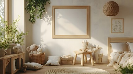 A cozy children’s room with natural wooden furniture, featuring a blank mock-up frame on the wall, ready for customization 