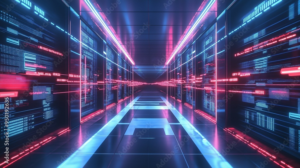 Poster a neon-lit corridor with servers and screens displaying digital codes.
