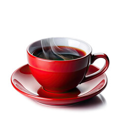 A steaming cup of coffee in a red mug sits on a matching saucer, isolated against a white background
