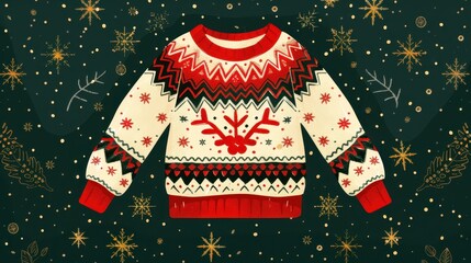Festive flat graphic illustration of an ugly Christmas jumper on a dark green background