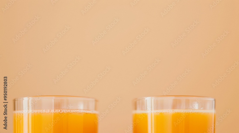 Poster Abstract Symmetrical Image of Two Orange Drinks on Soft Beige Background in Warm Tones
