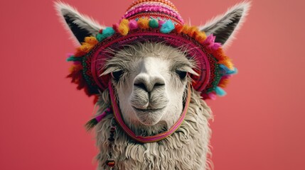 A colorful llama in a traditional hat with a vibrant, playful background