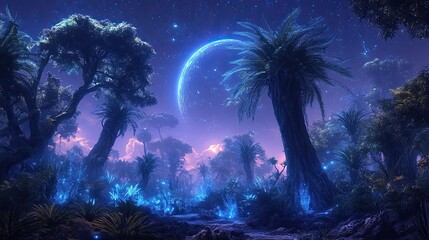 A lush alien rainforest teeming with exotic, bioluminescent plants and towering trees with twisting branches, illuminated by the light of a distant moon.