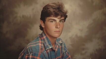 High school portrait of a young man in plaid from the 1980s showcasing vintage style