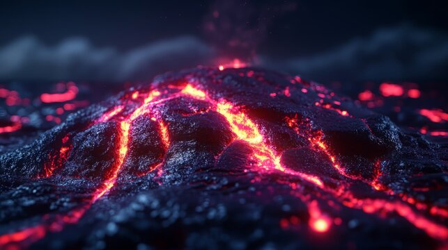 A stunning view of a glowing lava flow from a volcano, showcasing the intense heat and natural beauty of molten rock.