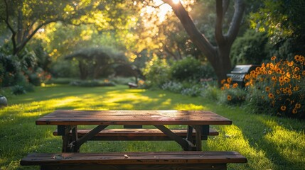 Tranquil Outdoor Dining: Wooden Picnic Table in Sunlit Garden with BBQ Grill