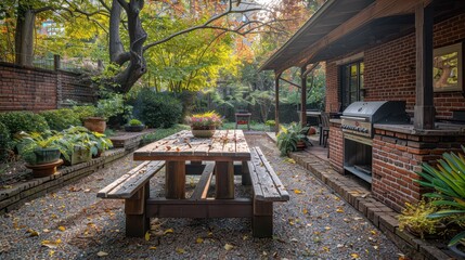 Sunny Garden Vibes: Wooden Table and BBQ Grill in a Picturesque Outdoor Setting