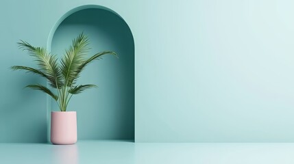Fototapeta premium A stylish indoor scene featuring a potted plant against a mint green wall with an elegant arch, perfect for modern decor.