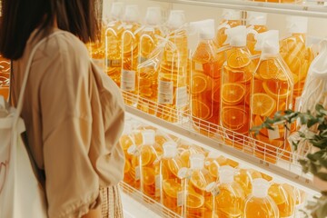 Fototapeta premium Evening Shopping Reality Black Woman and Hispanic Friend Analyze Eco-Friendly Cleaning Products in Supermarket, Highlighting Shrinkflations Impact