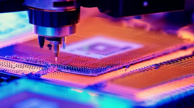 Microchip production printing processor CPU component AI video memory storage microelectronics assembly semiconductor technology industry manufacturing computer circuit board equipment laboratory