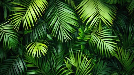 Layered palm leaves forming a natural, tropical background, with bright green hues that evoke the feeling