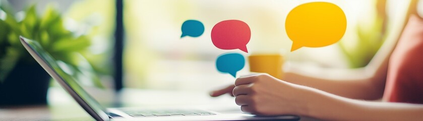 A woman using a laptop with colorful speech bubbles hovering above her hands.