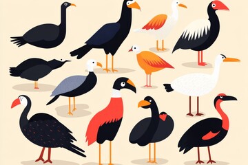 Obraz premium A collection of birds in various colors and sizes. The birds are all different shapes and sizes, and they are all standing in a row. The image has a playful and whimsical feel to it