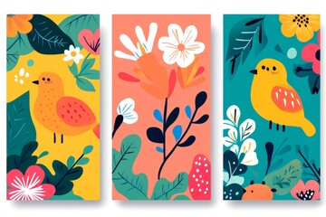 Three colorful bird paintings with flowers in the background. The birds are yellow and orange. The flowers are green and pink. The paintings have a cheerful and lively mood