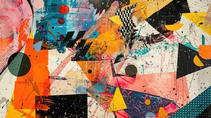 Obraz premium A mixed media collage featuring geometric patterns, creating an intense abstract atmosphere